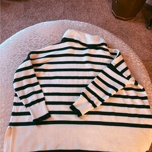 LOFT Blue and Cream Striped Turtleneck Sweater